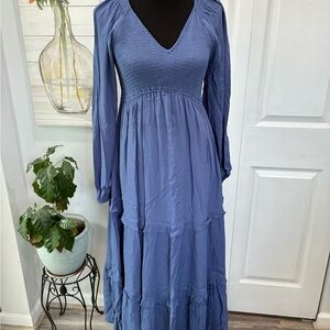 In Bloom Blue Tiered Smocked Sundress with Bishop Sleeves